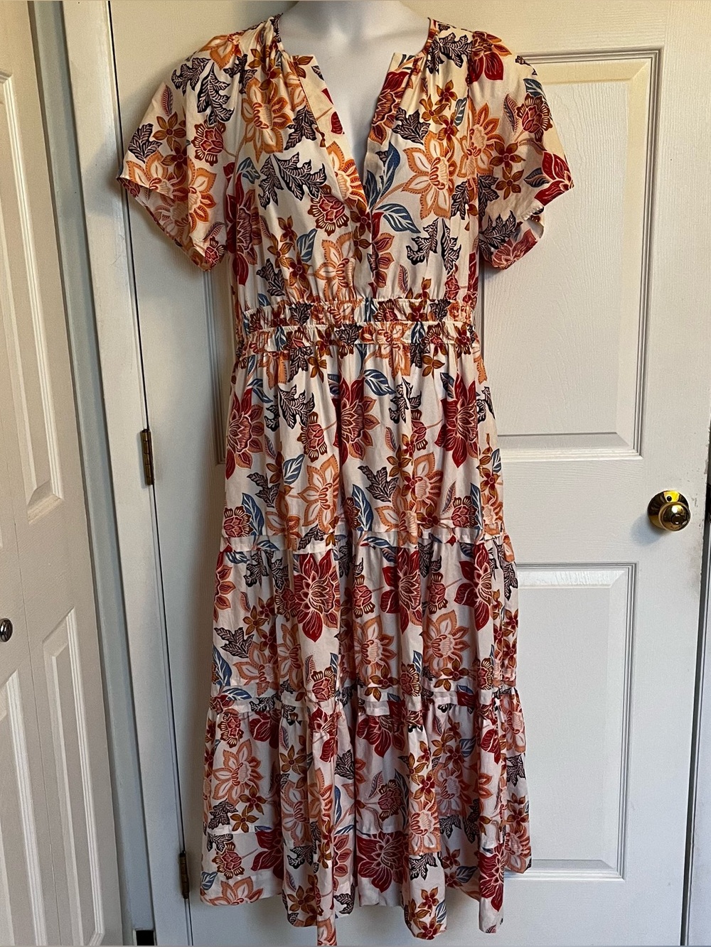 By Anthropologie Floral Tiered Maxi Dress 2X Cotton Smocked Orange Blue Plus